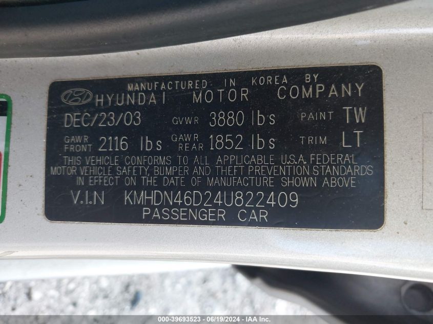 2004 Hyundai Elantra Gls/Gt VIN: KMHDN46D24U822409 Lot: 39693523
