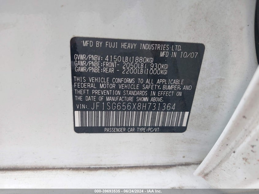 2008 Subaru Forester 2.5X VIN: JF1SG656X8H731364 Lot: 39693535