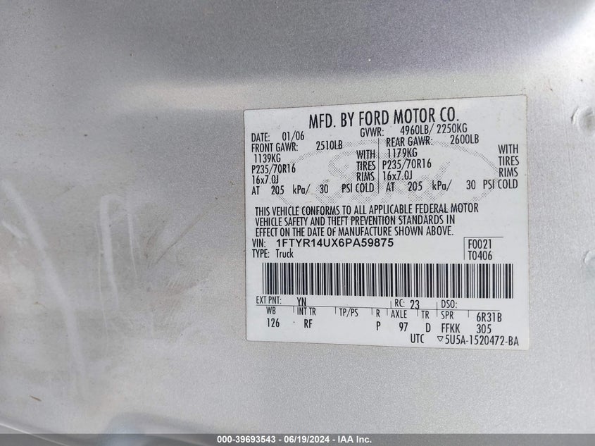 2006 Ford Ranger Sport/Stx/Xl/Xlt VIN: 1FTYR14UX6PA59875 Lot: 39693543