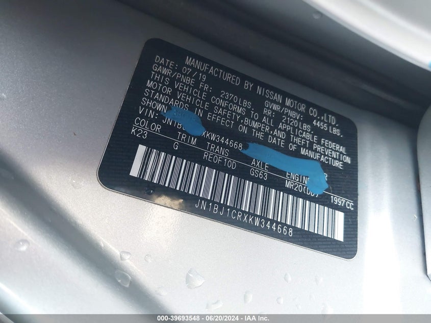 2019 Nissan Rogue Sport S/Sv/Sl VIN: JN1BJ1CRXKW344668 Lot: 39693548