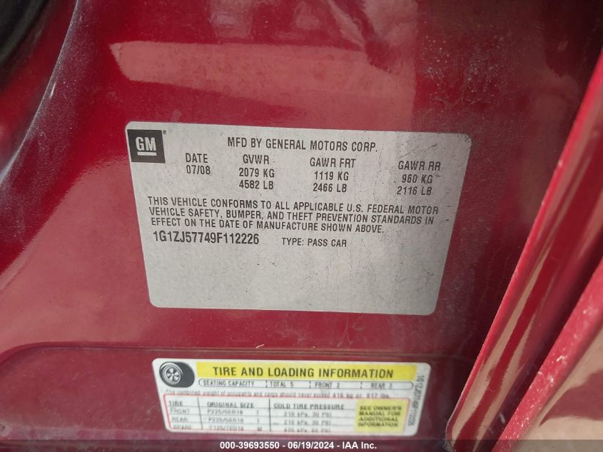 2009 Chevrolet Malibu Lt VIN: 1G1ZJ57749F112226 Lot: 39693550
