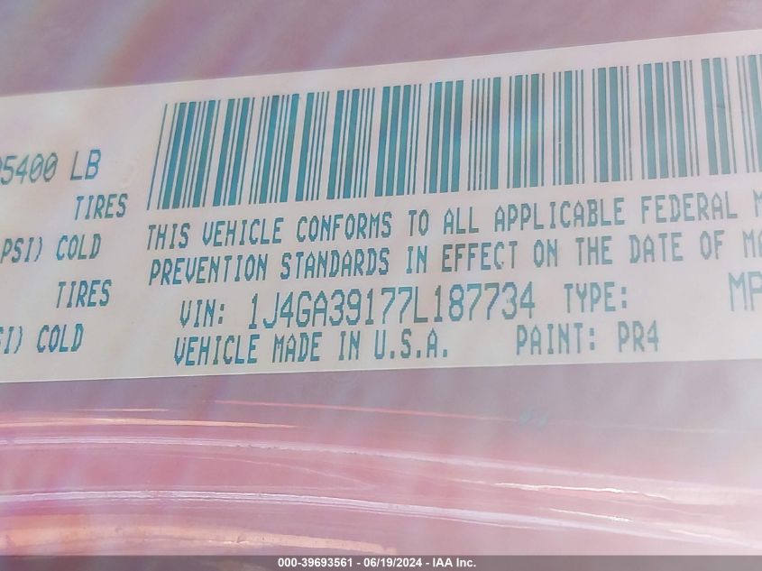 2007 Jeep Wrangler Unlimited X VIN: 1J4GA39177L187734 Lot: 39693561