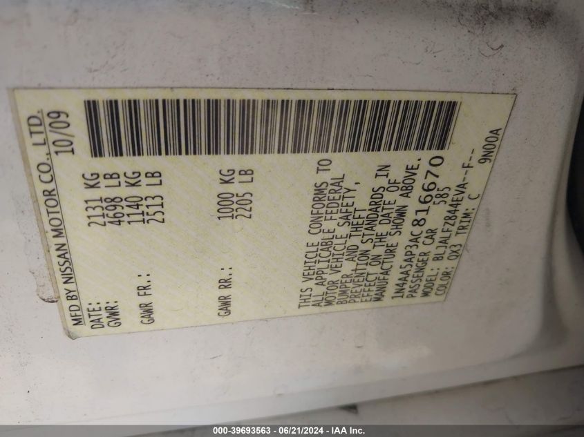 2010 Nissan Maxima 3.5 Sv VIN: 1N4AA5AP3AC816670 Lot: 39693563