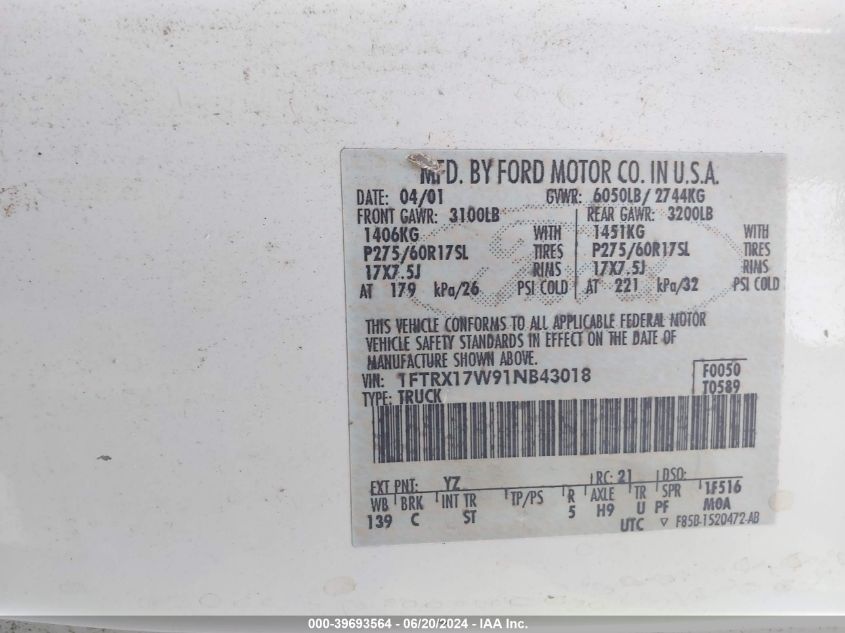 2001 Ford F150 VIN: 1FTRX17W91NB43018 Lot: 39693564