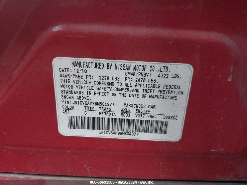2011 Infiniti G37 Sport VIN: JN1CV6AP9BM504977 Lot: 39693566