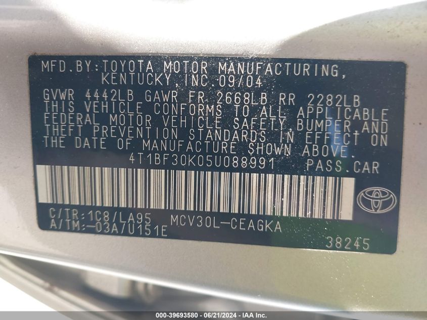 2005 Toyota Camry Le/Xle/Se VIN: 4T1BF30K05U088991 Lot: 39693580