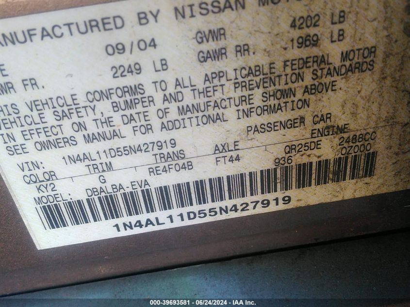 2005 Nissan Altima 2.5 S VIN: 1N4AL11D55N427919 Lot: 39693581
