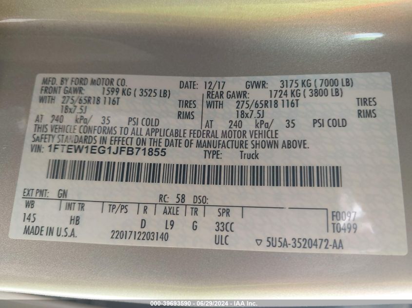 2018 Ford F-150 Lariat VIN: 1FTEW1EG1JFB71855 Lot: 39693590