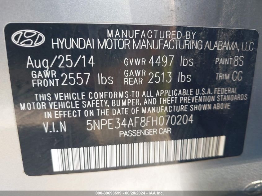 2015 Hyundai Sonata Limited VIN: 5NPE34AF8FH070204 Lot: 39693599