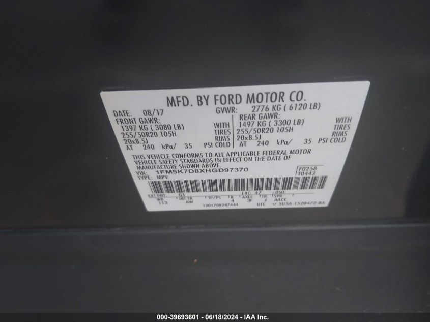 2017 Ford Explorer Xlt VIN: 1FM5K7D8XHGD97370 Lot: 39693601