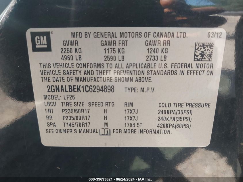 2GNALBEK1C6294898 2012 Chevrolet Equinox Ls