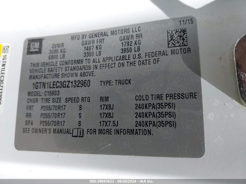 2016 GMC Sierra C1500 VIN: 1GTN1LEC3GZ132960 Lot: 39693623