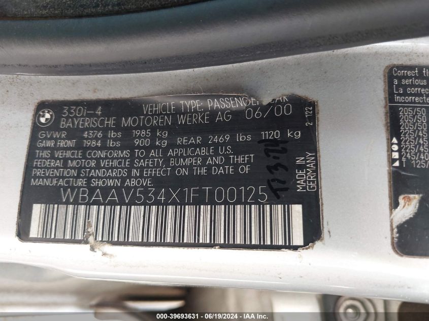 2001 BMW 330 I VIN: WBAAV534X1FT00125 Lot: 39693631