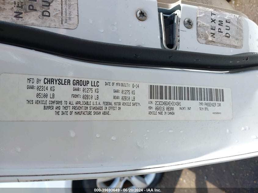 2014 Dodge Charger Se VIN: 2C3CDXBGXEH314301 Lot: 39693649