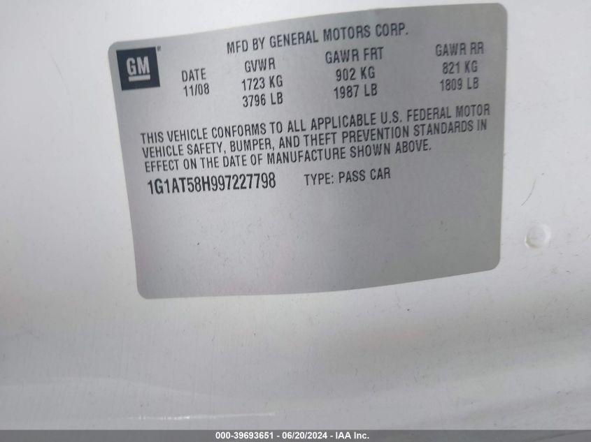 2009 Chevrolet Cobalt Lt VIN: 1G1AT58H997227798 Lot: 39693651