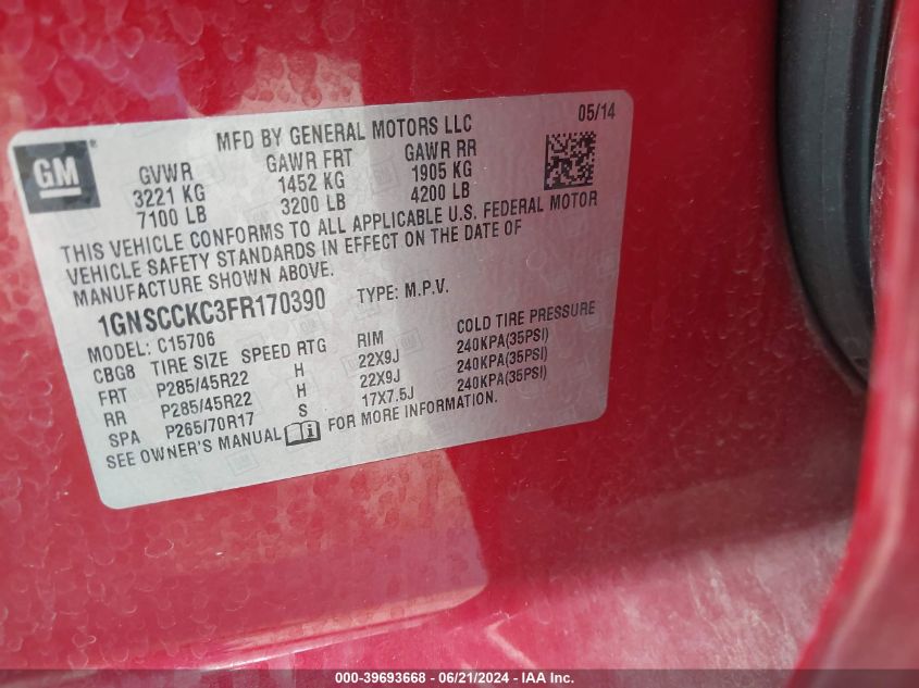 2015 Chevrolet Tahoe C1500 Ltz VIN: 1GNSCCKC3FR170390 Lot: 39693668