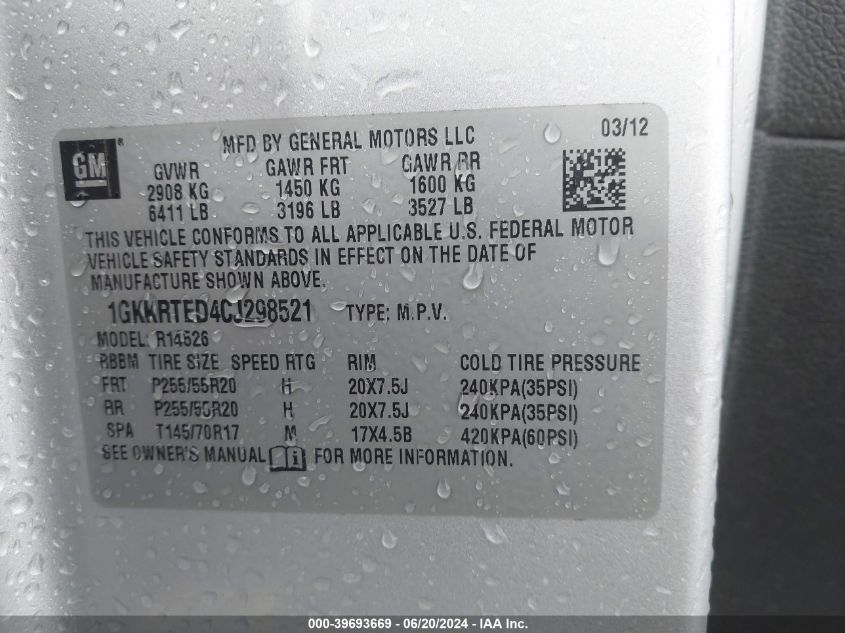 2012 GMC Acadia Denali VIN: 1GKKRTED4CJ298521 Lot: 39693669