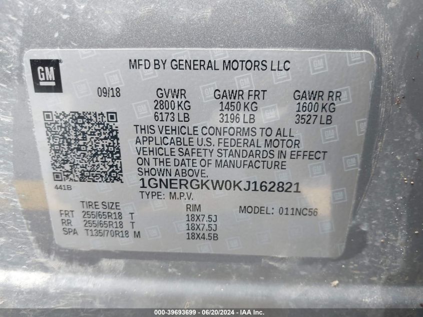 2019 Chevrolet Traverse Lt VIN: 1GNERGKW0KJ162821 Lot: 39693699