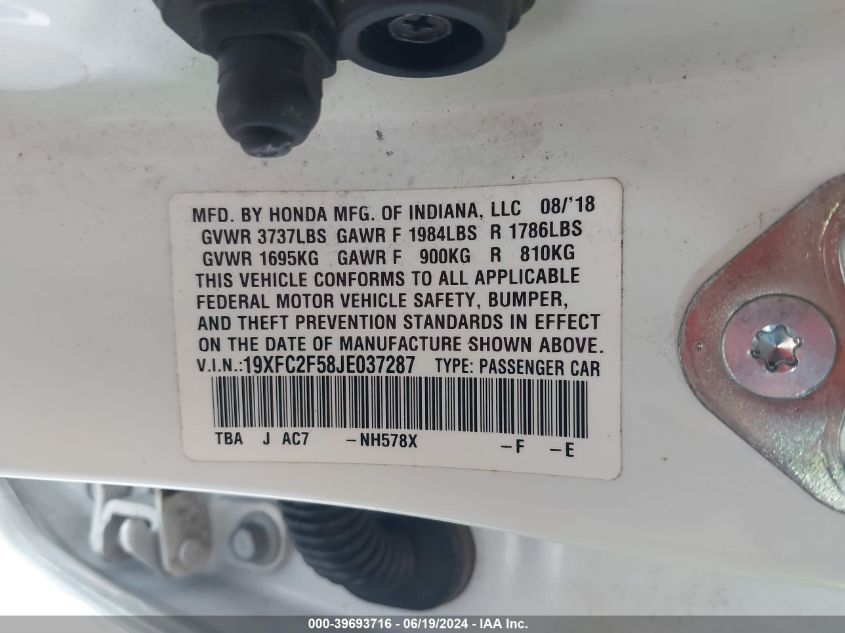 2018 Honda Civic Lx VIN: 19XFC2F58JE037287 Lot: 39693716