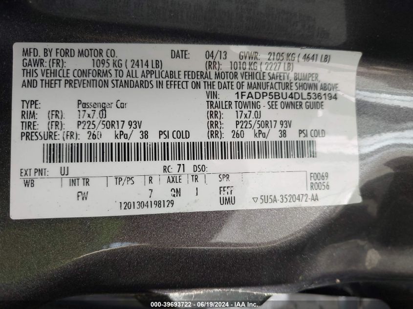 2013 Ford C-Max Hybrid Sel VIN: 1FADP5BU4DL536194 Lot: 39693722