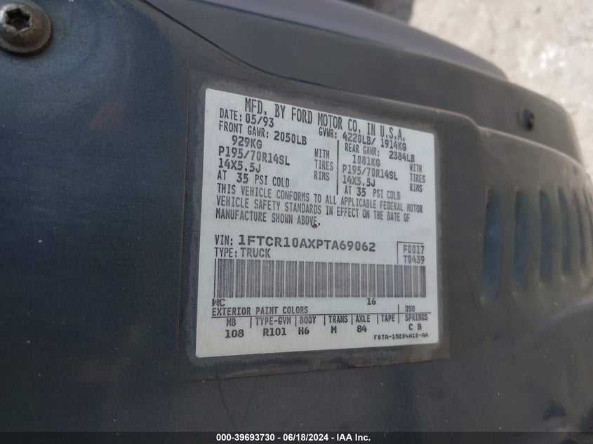 1993 Ford Ranger VIN: 1FTCR10AXPTA69062 Lot: 39693730