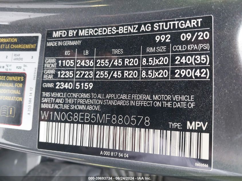 2021 Mercedes-Benz Glc 300 4Matic Suv VIN: W1N0G8EB5MF880578 Lot: 39693734