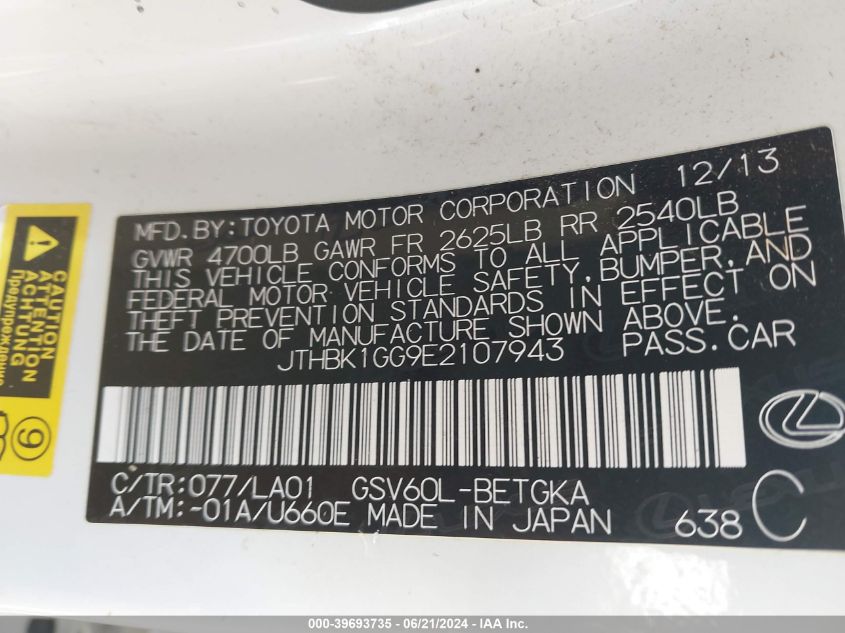 2014 Lexus Es 350 VIN: JTHBK1GG9E2107943 Lot: 39693735