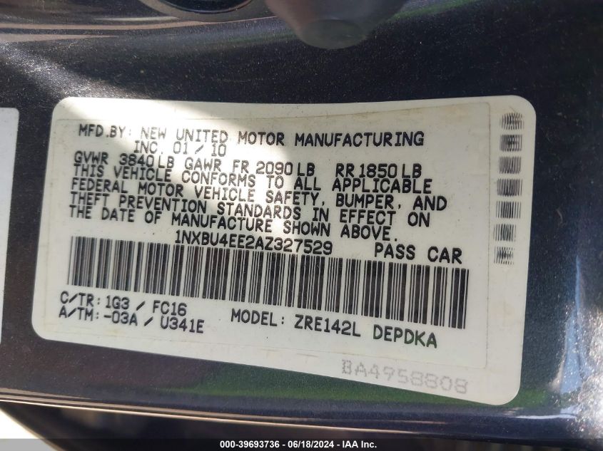 2010 Toyota Corolla Le VIN: 1NXBU4EE2AZ327529 Lot: 39693736