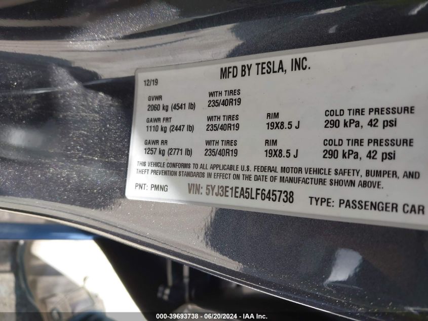 2020 Tesla Model 3 Standard Range Plus Rear-Wheel Drive/Standard Range Rear-Wheel Drive VIN: 5YJ3E1EA5LF645738 Lot: 39693738