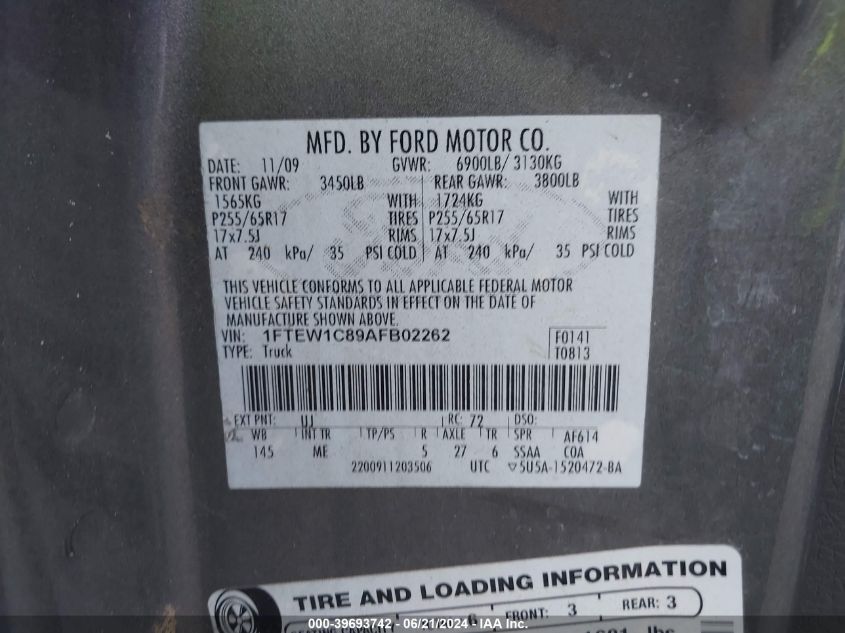 2010 Ford F150 Supercrew VIN: 1FTEW1C89AFB02262 Lot: 39693742