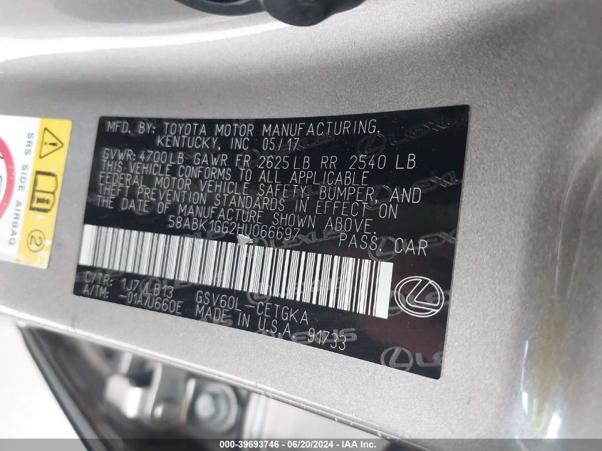 2017 Lexus Es 350 VIN: 58ABK1GG2HU066697 Lot: 39693746