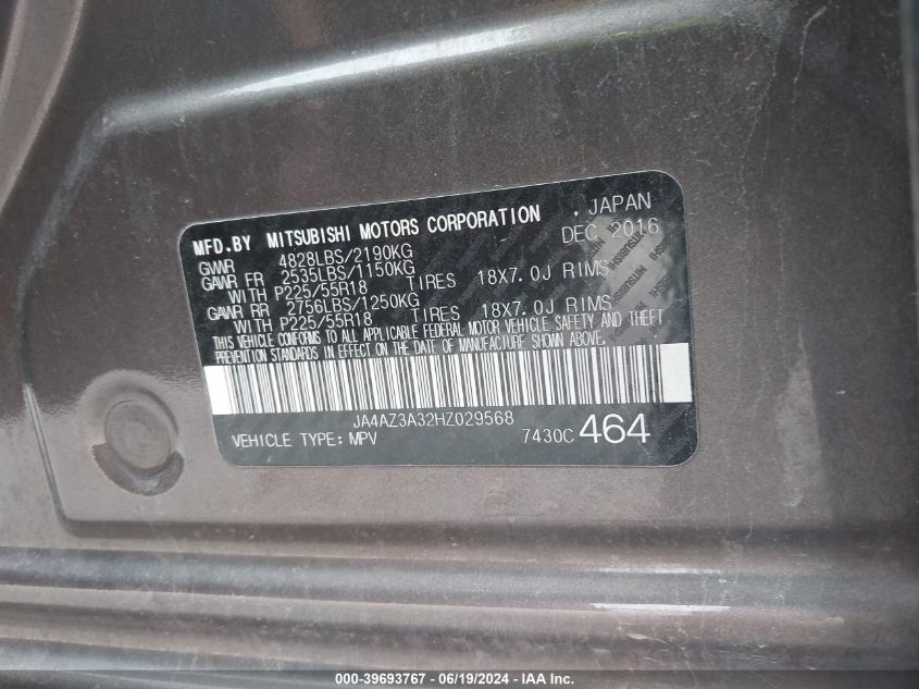 2017 Mitsubishi Outlander Sel VIN: JA4AZ3A32HZ029568 Lot: 39693767