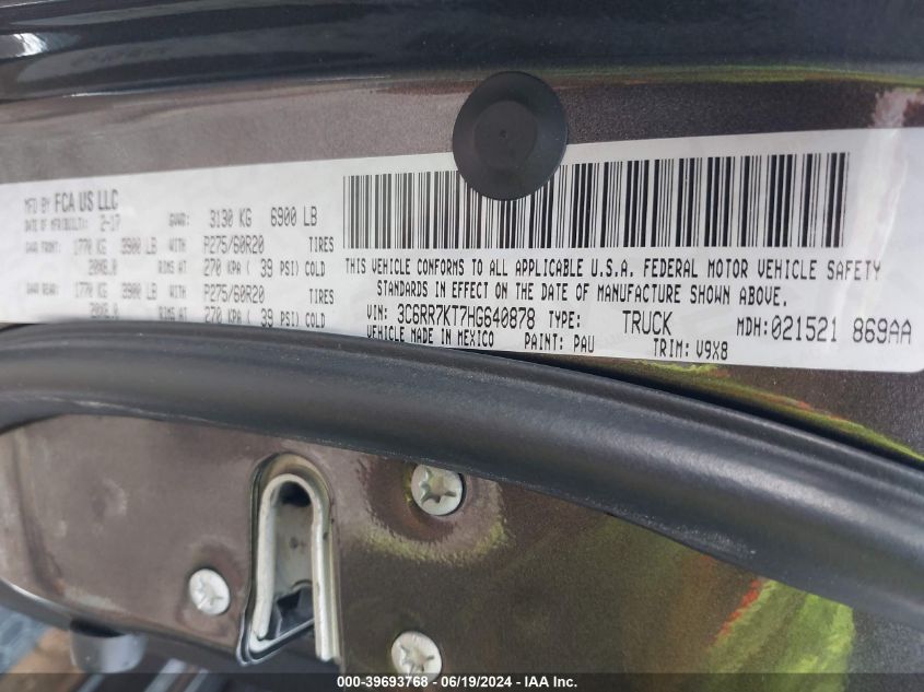 2017 Ram 1500 St VIN: 3C6RR7KT7HG640878 Lot: 39693768