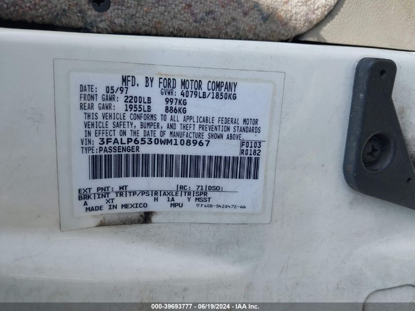 1998 Ford Contour VIN: 3FALP6530WM108967 Lot: 39693777