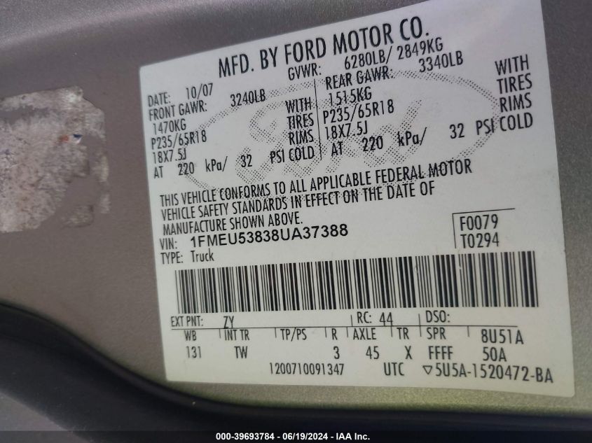 2008 Ford Explorer Sport Trac Limited VIN: 1FMEU53838UA37388 Lot: 39693784