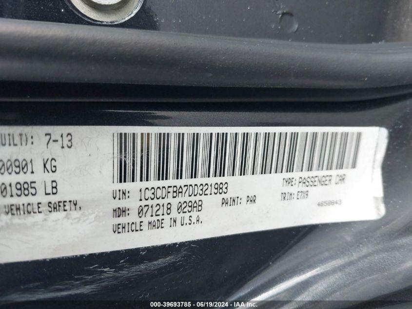 2013 Dodge Dart Sxt VIN: 1C3CDFBA7DD321983 Lot: 39693785