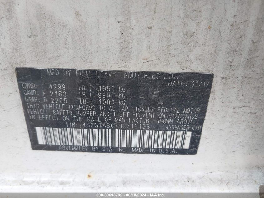 2017 Subaru Impreza 2.0I Premium VIN: 4S3GTAB67H3716126 Lot: 39693792