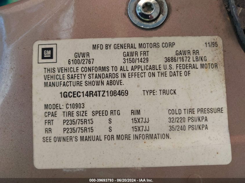 1996 Chevrolet Gmt-400 C1500 VIN: 1GCEC14R4TZ108469 Lot: 39693793