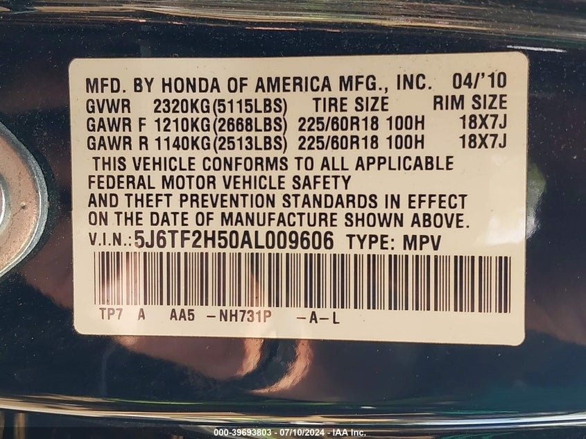 2010 Honda Accord Crosstour Ex-L VIN: 5J6TF2H50AL009606 Lot: 39693803