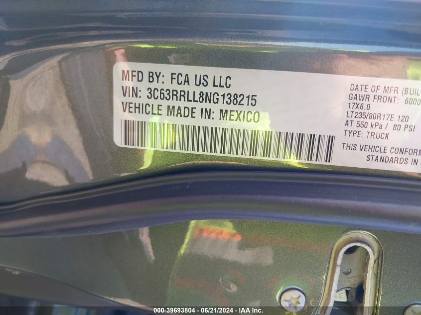 2022 Ram 3500 Big Horn/Lone Star VIN: 3C63RRLL8NG138215 Lot: 39693804