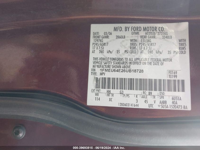 2006 Ford Explorer Eddie Bauer VIN: 1FMEU64E26UB18728 Lot: 39693815