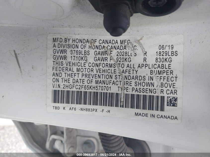 2019 Honda Civic Lx VIN: 2HGFC2F65KH570701 Lot: 39693817
