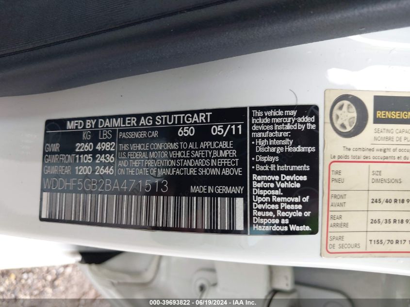 2011 Mercedes-Benz E 350 350 VIN: WDDHF5GB2BA471513 Lot: 39693822