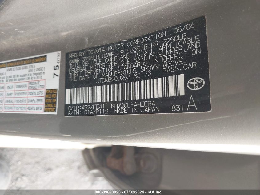 2006 Toyota Prius VIN: JTDKB20U263188173 Lot: 39693825