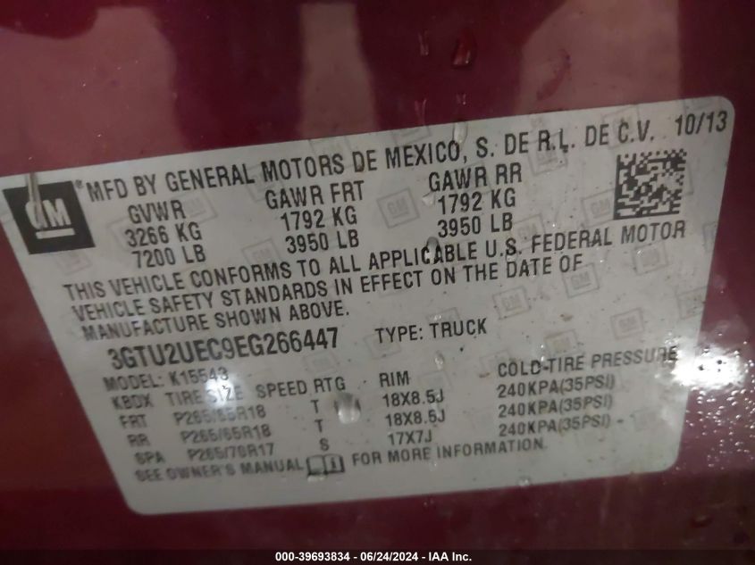 2014 GMC Sierra 1500 Sle VIN: 3GTU2UEC9EG266447 Lot: 39693834