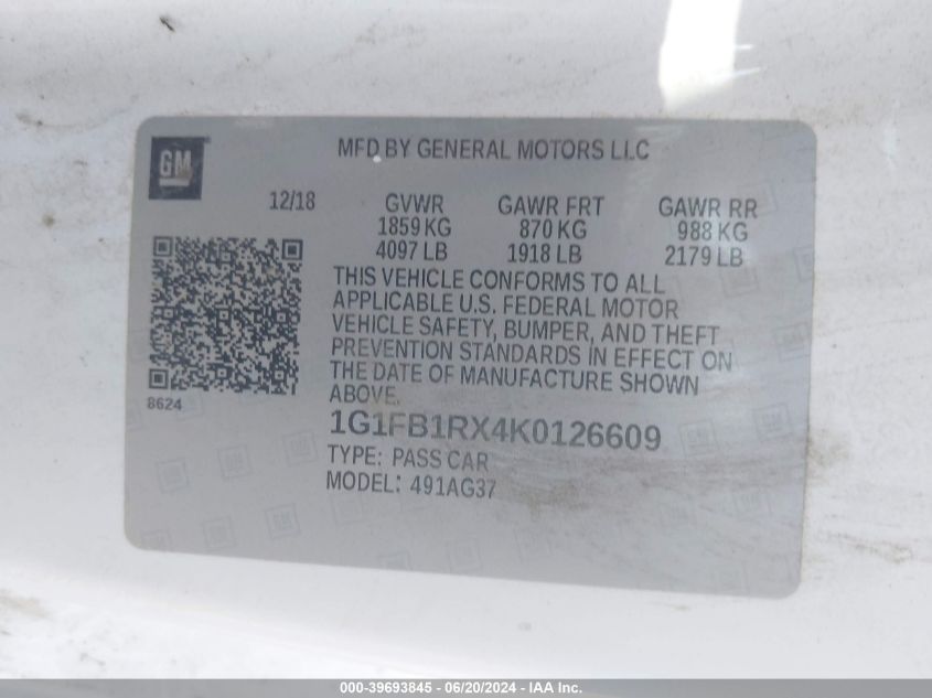 2019 Chevrolet Camaro Ls/Lt VIN: 1G1FB1RX4K0126609 Lot: 39693845