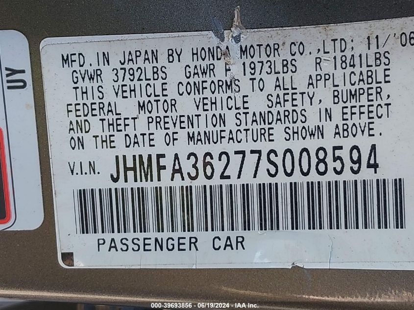 2007 Honda Civic Hybrid Hybrid VIN: JHMFA36277S008594 Lot: 39693856