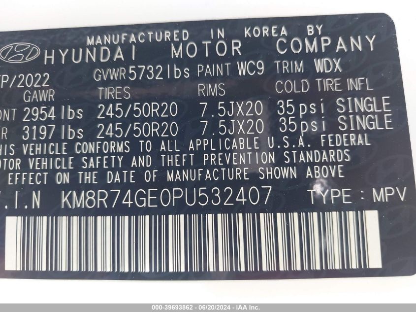 2023 Hyundai Palisade Calligraphy VIN: KM8R74GE0PU532407 Lot: 39693862