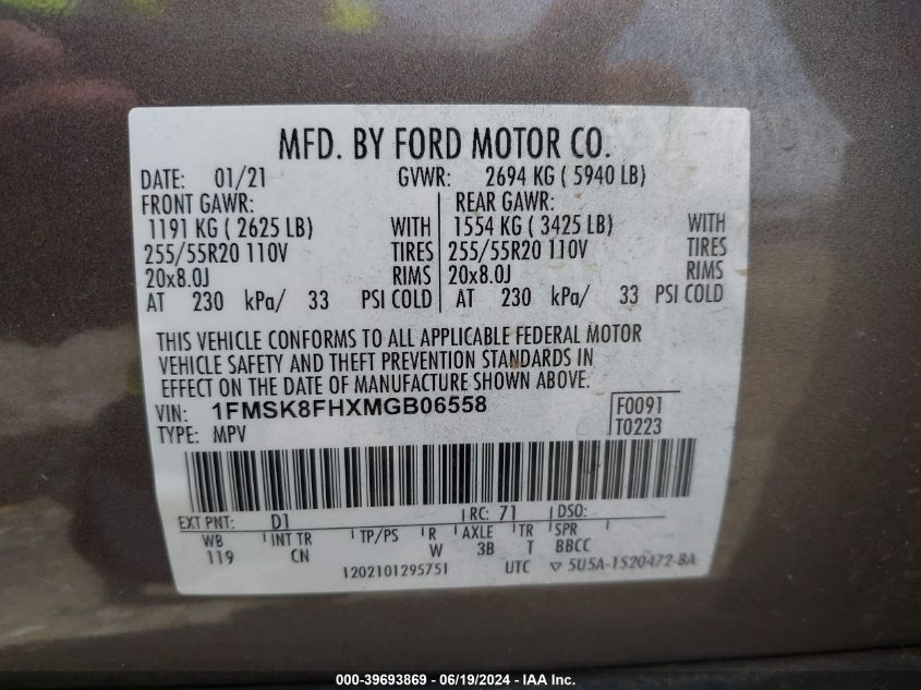 2021 Ford Explorer Limited VIN: 1FMSK8FHXMGB06558 Lot: 39693869