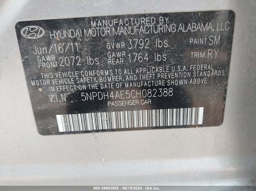 2012 Hyundai Elantra Limited VIN: 5NPDH4AE5CH082388 Lot: 39693888